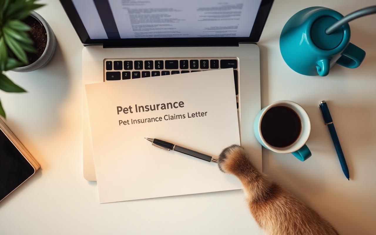 Pet insurance appeal letter, laptop and coffee on a clean desk