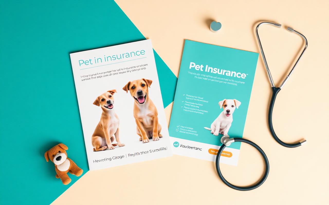 Two pet insurance brochures laid flat with a stethoscope