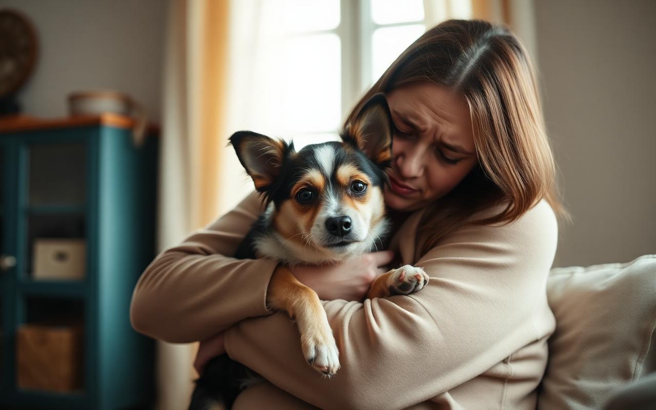 Pet owner comforting a small dog at home after a denied insurance claim