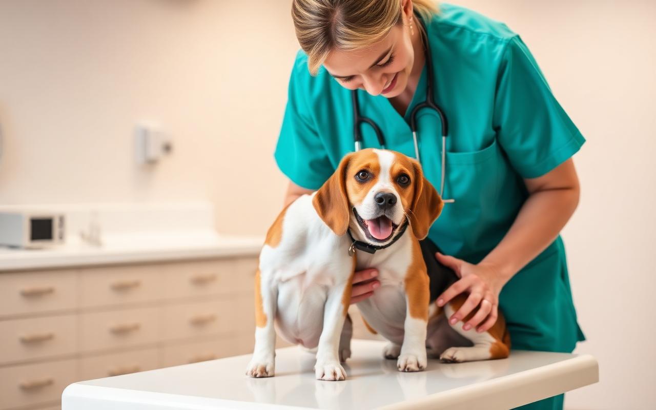 Friendly veterinarian examining a beagle in a modern clinic